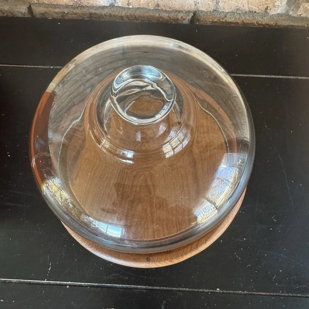 Vintage Teak Wood Cheese Board / Cake Stand w/Glass Cloche Dome Mid-Century